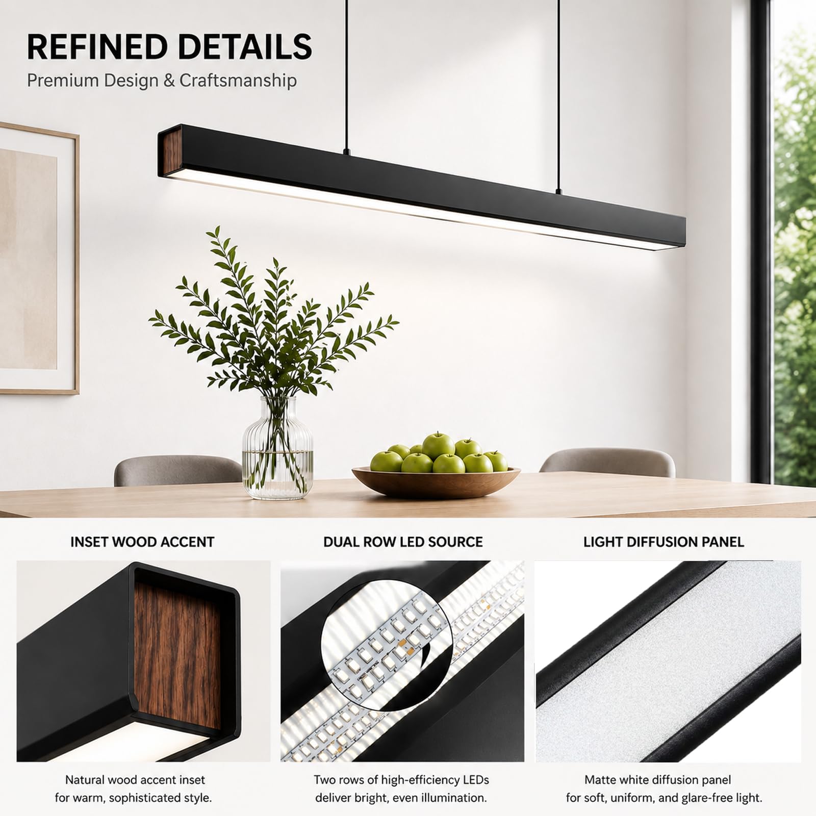 Lampadario LED Sala da Pranzo, Effetto Legno, Telecomando & App, Nero,150CM | Design Lineare, 3 Colori di Luce, Dimmerabile, Altezza Regolabile, 52W/3600lm, Sala da Pranzo, Cucina, Soggiorno, Ufficio