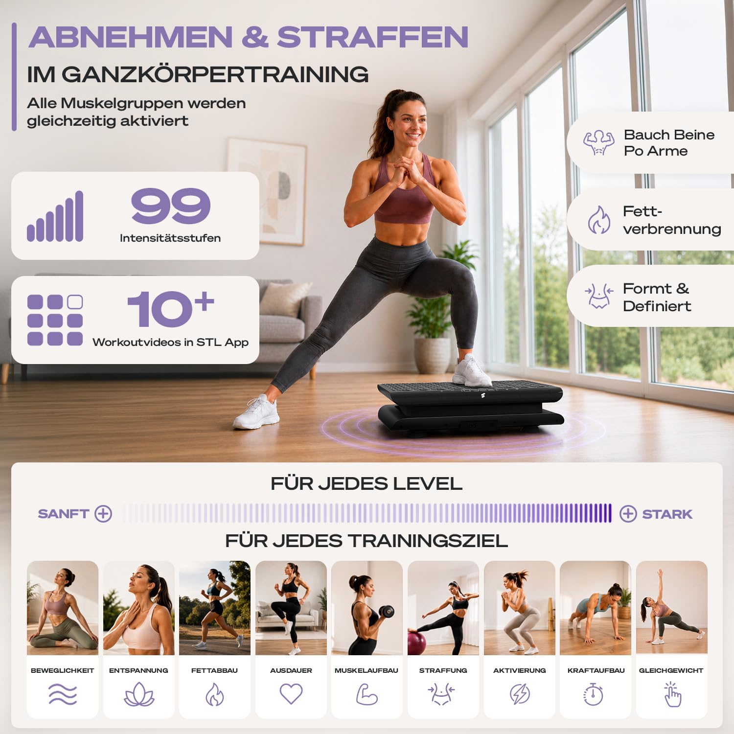 Sportstech Vibrationsplatte für Zuhause | Abnehmen, Fettverbrennung & Muskelaufbau | Oszillation, 99 Intensitätsstufen, Bluetooth-Fernbedienung | leiser Motor bis 120 kg | Trainingsbänder | sVibe Lite