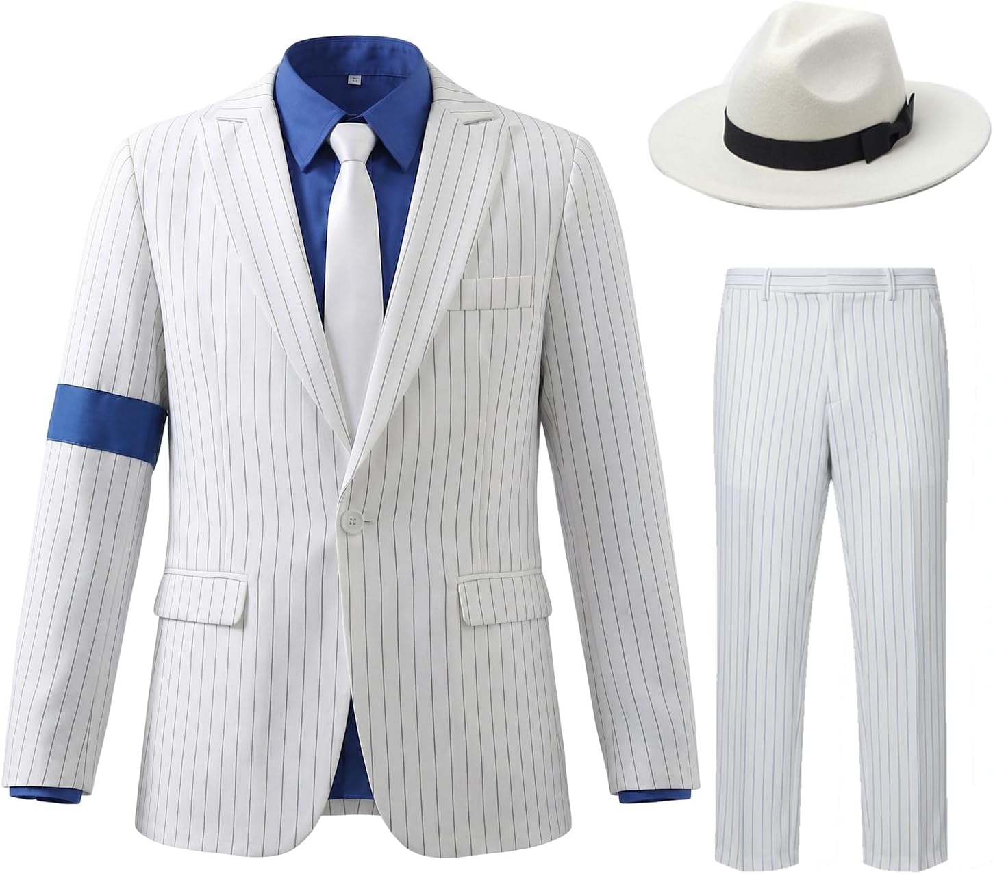 CHIGUO Men's White Striped Blue Armband Suit 70s Party Halloween Cosplay Costumes