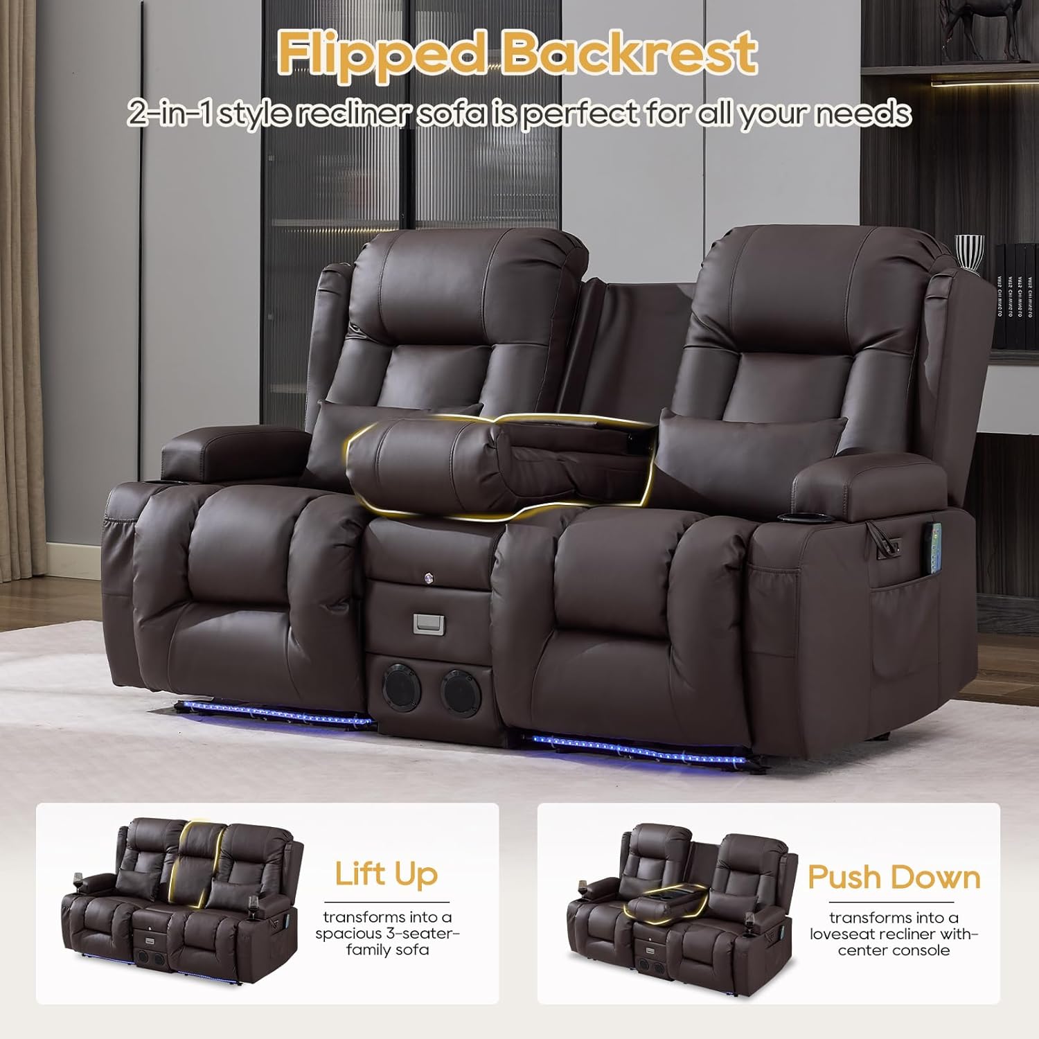 IPKIG Power Recliner Sofa with Flip-Up Backrest Console, USB & USB-C Ports, AC Outlet, LED Lights, Wall Hugger Recliners for Living Room, RV (Chestnut, 67" - 3 Seat) | Breathable Leather, Zero Gravity, Dual Reclining, 2 Lumabr Pillow, Bluetooth Speakers