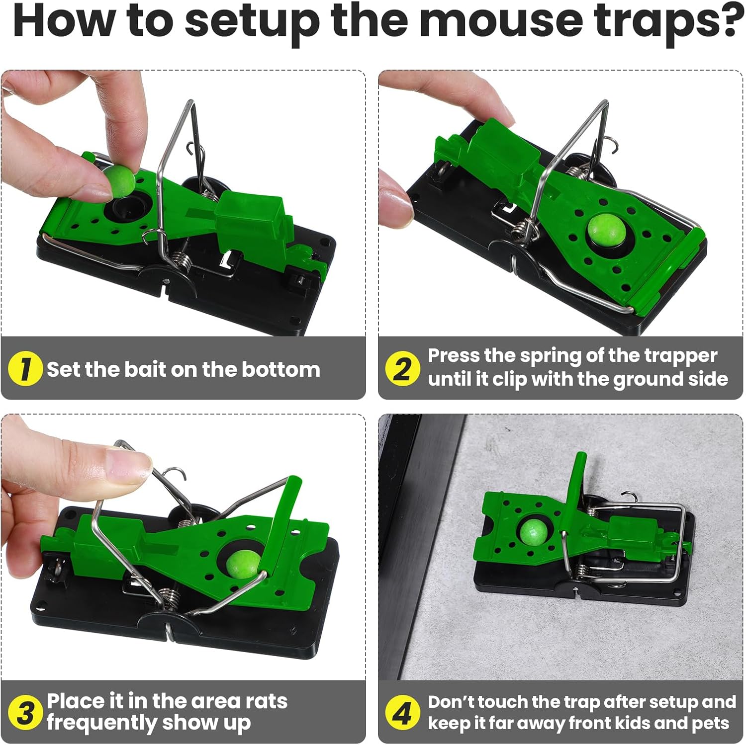 Qualirey 24 Pcs Mouse Traps Bulk Plastic Snap Rat Trap Reusable Quick Effective Safe for Indoor Outdoor Home House Warehouse Garden Kitchen 3.86 x 1.81 x 2.17 Inch (Black,Green)