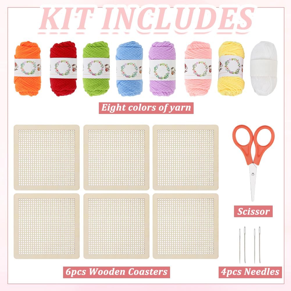 INFUNLY 6 Set Flower Coaster Needlepoint Kit 3.9x3.9 Wooden Floral Mug Rug Making Kit DIY Spring Cross Stitch Kit Boho Tulip Punch Needle Coasters for Table Decor Festival DIY Gifts