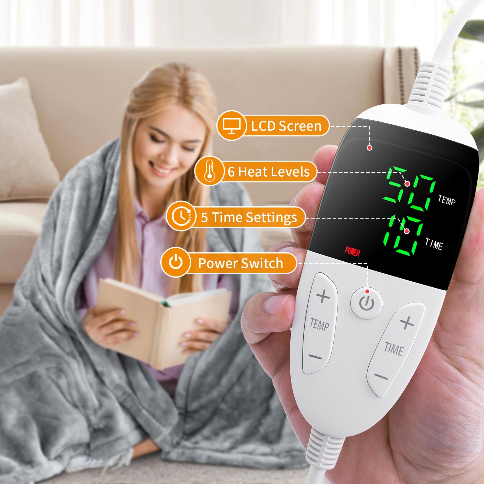 Manta Electrica Grande 180 * 150CM, Manta Termica Electrica Franela Suave con Pantalla LCD, 5 Temporizador de Apagado Automático y 6 Niveles de Calor, Lavable