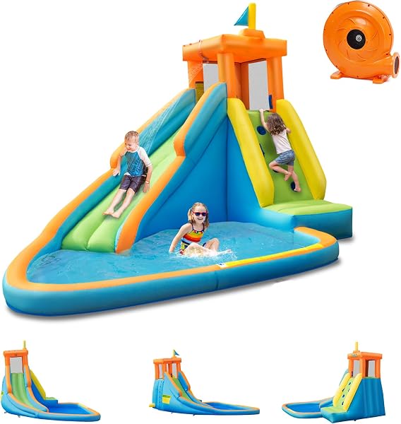 GOPLUS Château Gonflable avec Zone de Saut et Toboggan