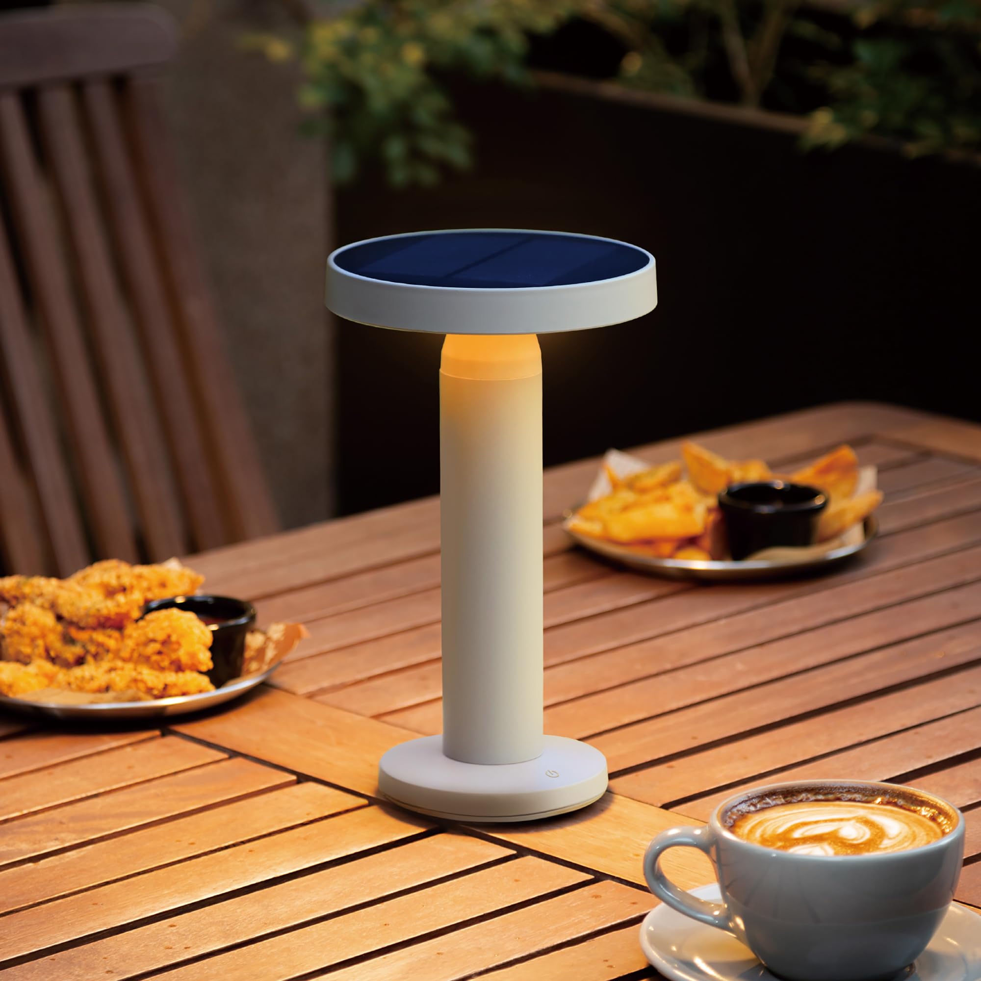 Runde Solar Tischlampe - Tragbare LED Leuchte mit USB-C Aufladen & Solarpanel - Wasserdicht, Stufenloses Dimmen für Außen/Innen - Sand, 1 Pack