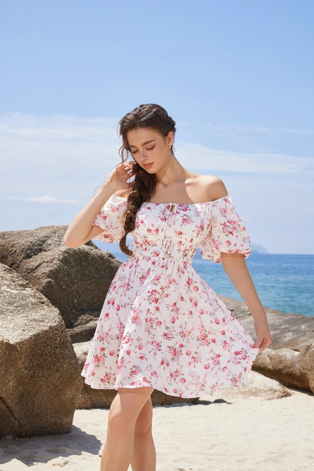 Scarlet Darkness Women's Off The Shoulder Summer Dress Floral Puff Sleeve Renaissance Dresses - Image 6