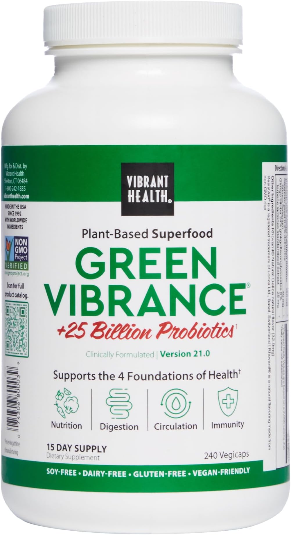 , Green Vibrance, Vegetarian Superfood Capsules with Over 70 Ingredients, 25 Billion Probiotics, 240 Capsules (15 Servings) (FFP)