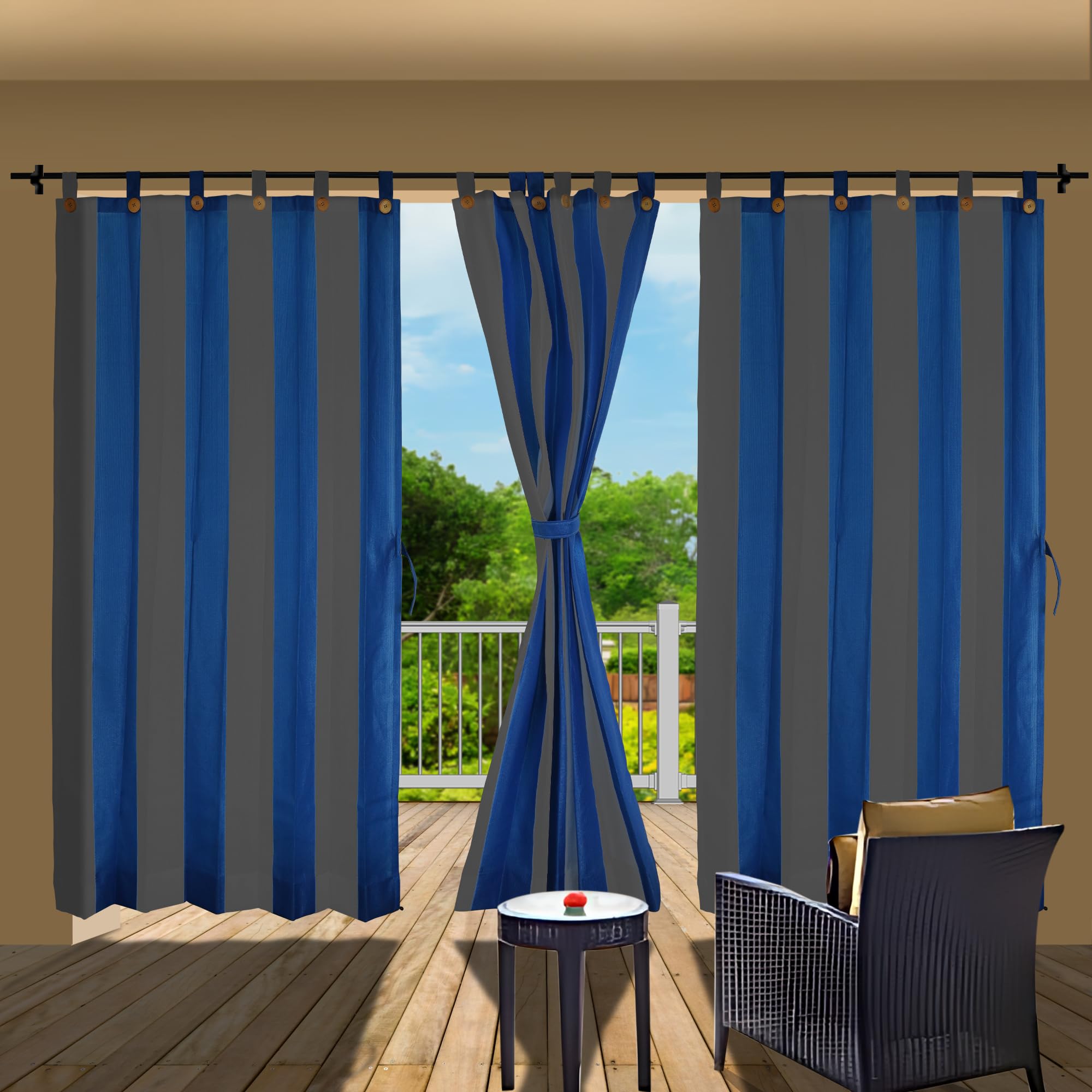 HIPPO Stripe 180 GSM Outdoor Loop Curtains Sun Blocking, UV Protection, Light-Filtering for Garden Balcony Curtain, 150 GSM (Blue-Grey, 4.5FTX7FT, 2PC)