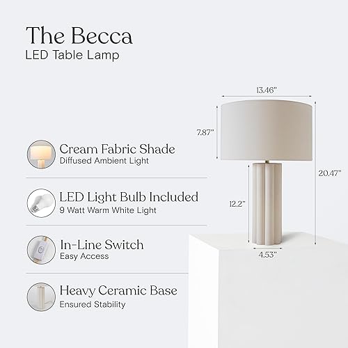 Miniatura 3 de Brightech Becca - Lámpara de escritorio LED de 20 pulgadas, lámpara de mesa alta color crema con base de cerámica, pantalla de algodón para