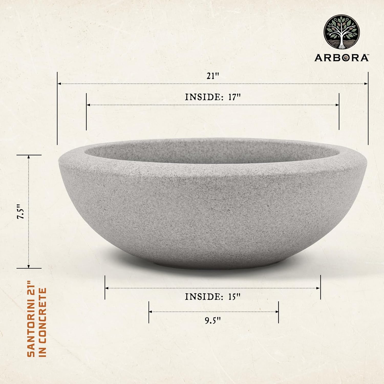 arbora 21" santorini bowl polyresin indoor and outdoor planter with stone blend concrete gray finish - durable, weatherproof, lightweight, large plant pot for patio, garden, deck, entryway concrete gray 21" single