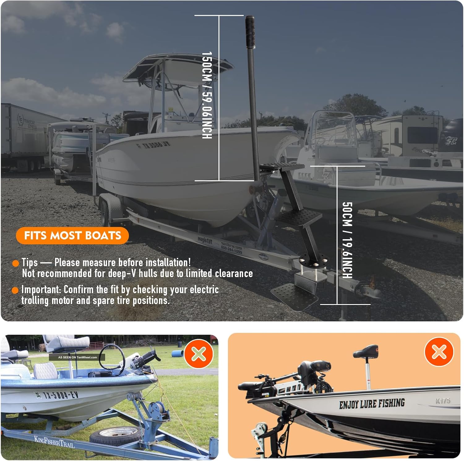 Boat Trailer Steps, Heavy Duty Boat Steps 450 Lbs Capacity, Universal Boat Steps for Trailer Suitable for 4 x 4 inches Trailer Frame