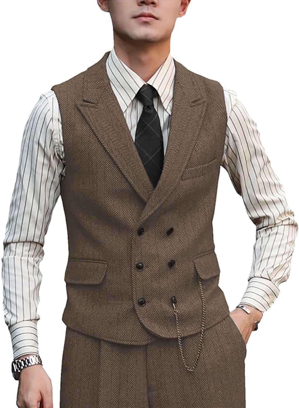 Zeattall Men's Brown Vests Wool Herringbone Tweed Suit Vest Double Breasted Waistcoat, X-Large