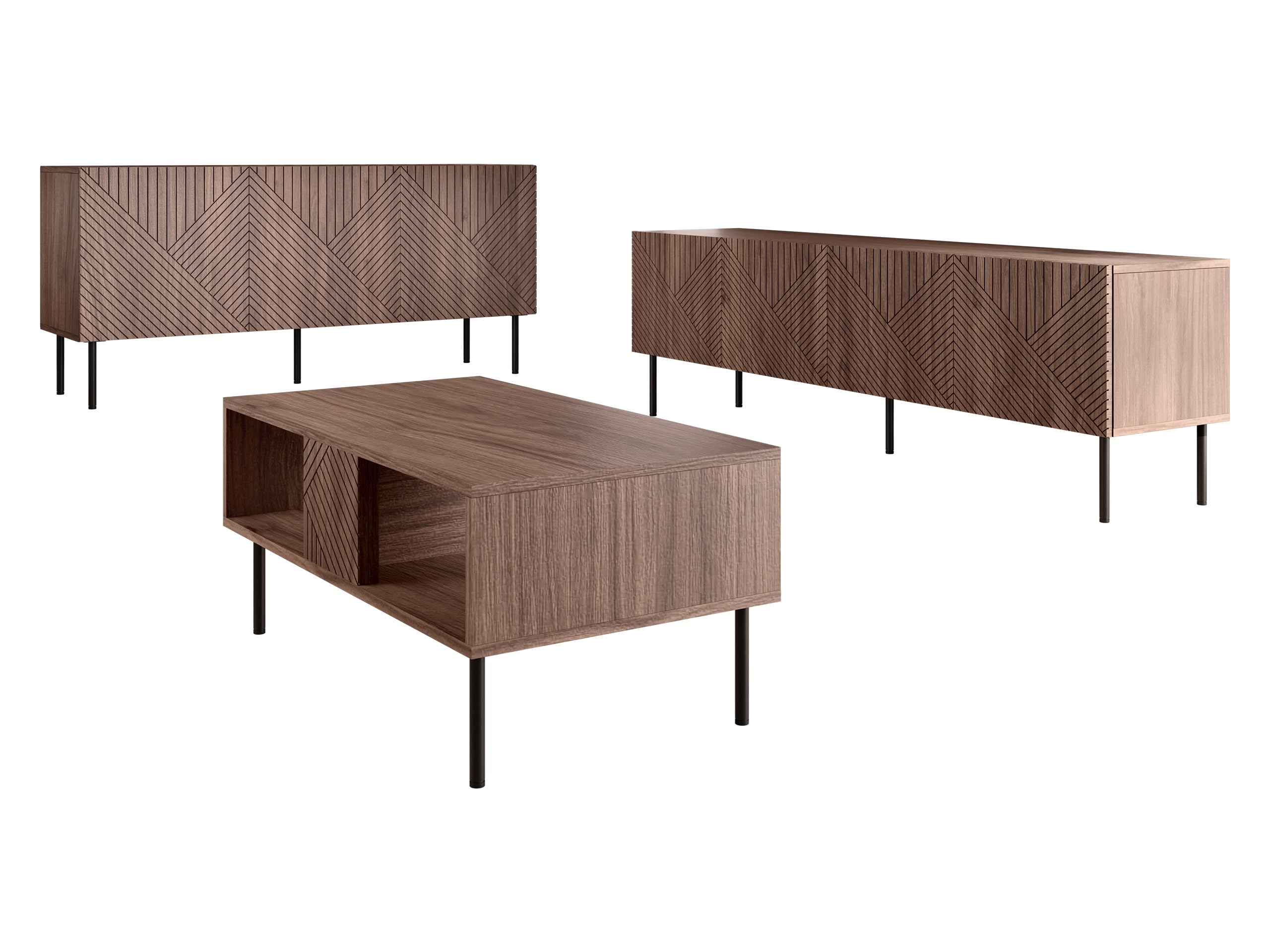 Mirjan24 Wohnzimmer-Set Aropo I, Wohnzimmerschrank, gefräster Front, Griffloses Öffnungssystem, Kommode mit 3 Türen, 6 Fächer, TV-Lowboard mit 4 Türen und 4 Fächer, Couchtisch (Nuss Warmia)