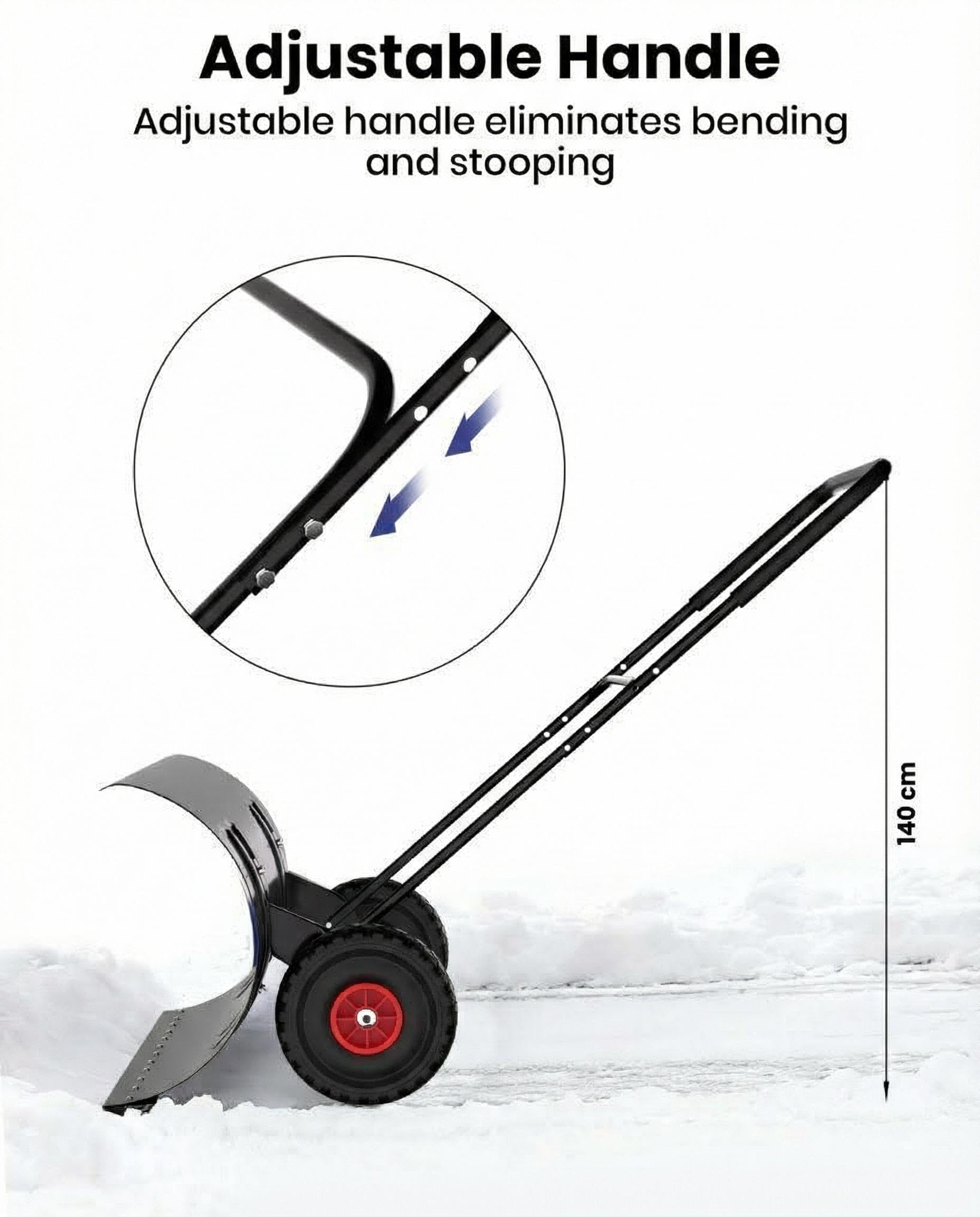 Ergonomischer Schneeschieber mit Rädern mit Breite Griff Schwerlast Schneepflug mit verstellbarem Griff und angewinkeltem Blatt – Effizientes Schneeräumen für Hof, Gehweg & Auffahrt –