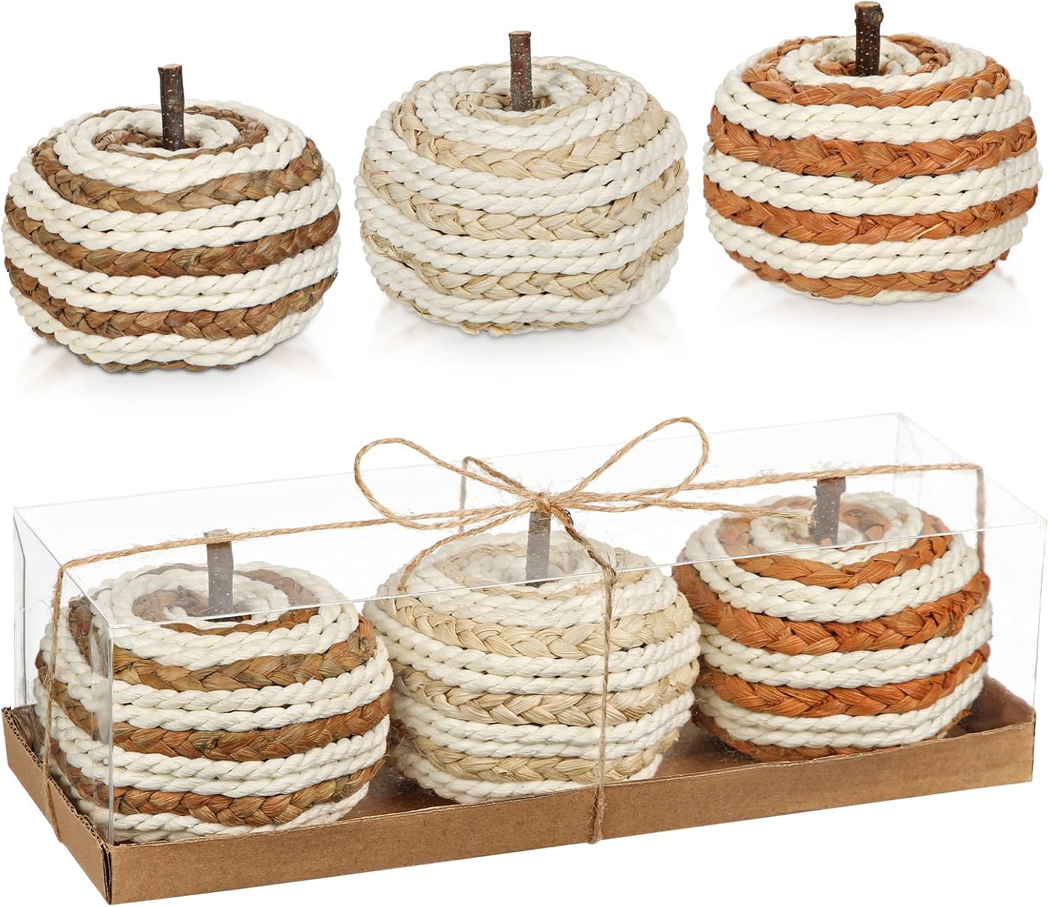Hollyone Fall Pumpkin Decor 3 PCS Faux Pumpkins Small Rattan Pumpkins for Decorating Foam Woven Fall Artificial Pumpkin Braided Handmade Rustic Farmhouse Home Table Decor Harvest Autumn Halloween