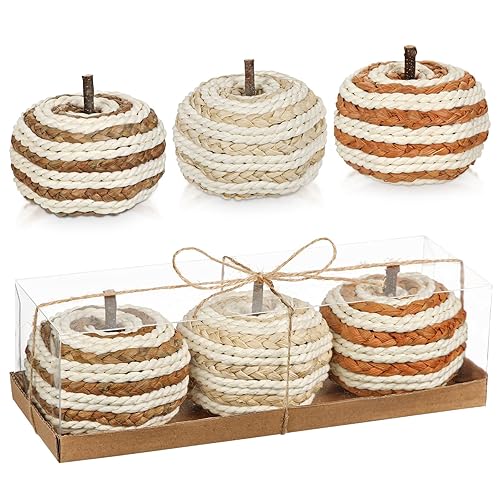 Hollyone Fall Pumpkin Decor 3 PCS Faux Pumpkins Small Rattan
