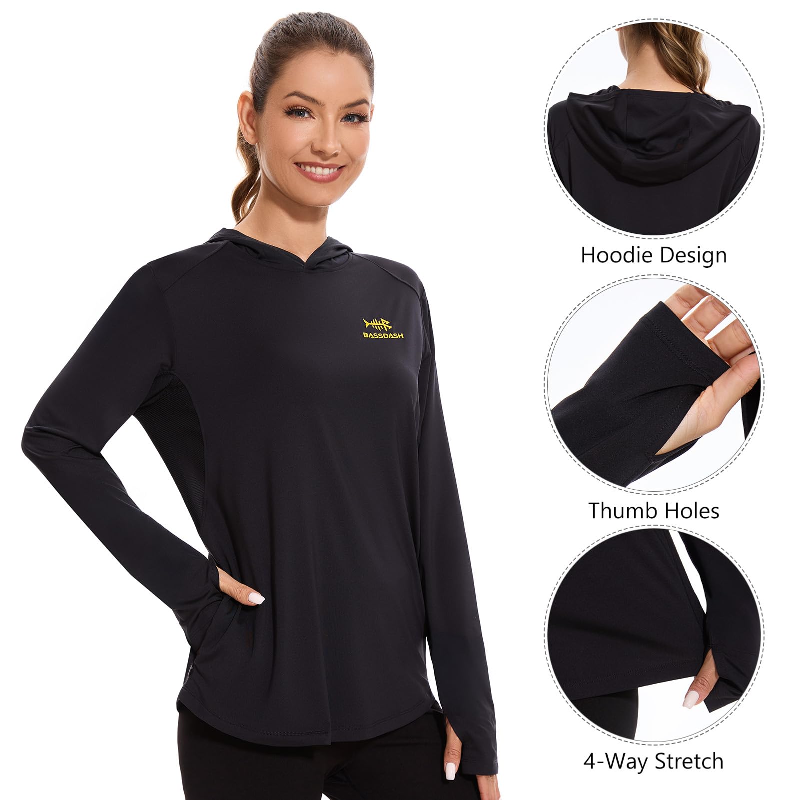 Bassdash Frauen UPF 50+ Langarm Fischereishodie Hemd mit Tasche Sonnenschutz Leichte Kapuze -Hemden FS04W