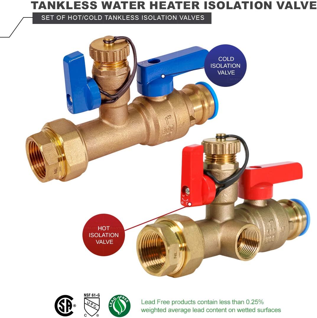Midline Valve GUHW-JTP3-S-MG Tankless Water Heater Kit- Set of 2 Heavy Duty Hot and Cold Isolation Valves with Cleanouts, Forged Brass, 1 in. Press