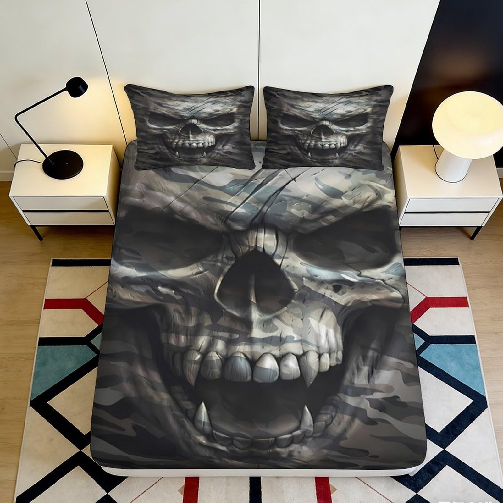 3D Printed Dark Skull Fitted Sheet Microfiber Soft Black Gothic Skeleton Bed Cover for Bedroom Dorm Mattress Protection Decor 90x200x25cm