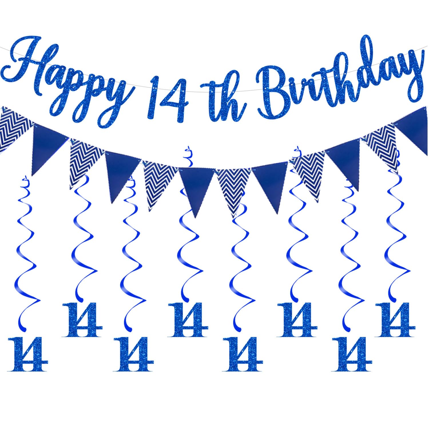 Elicola 14th Birthday Party Blue Decorations Happy 14th Birthday Bunting Banner With Hanging Swirls for Boys Birthday Anniversary Party Decor Supplies (EL-14th-blue)