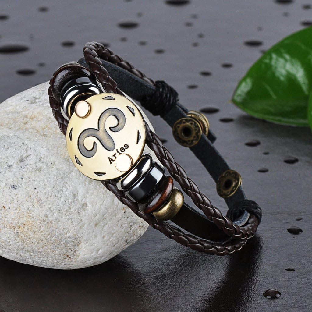 Infinity U Punk Fashion 12 Constellations Zodiac Sign Men's Women's Charm Bracelet Braided Leather Alloy Multilayer Brown Bangles Aries (Aries) - Image 3
