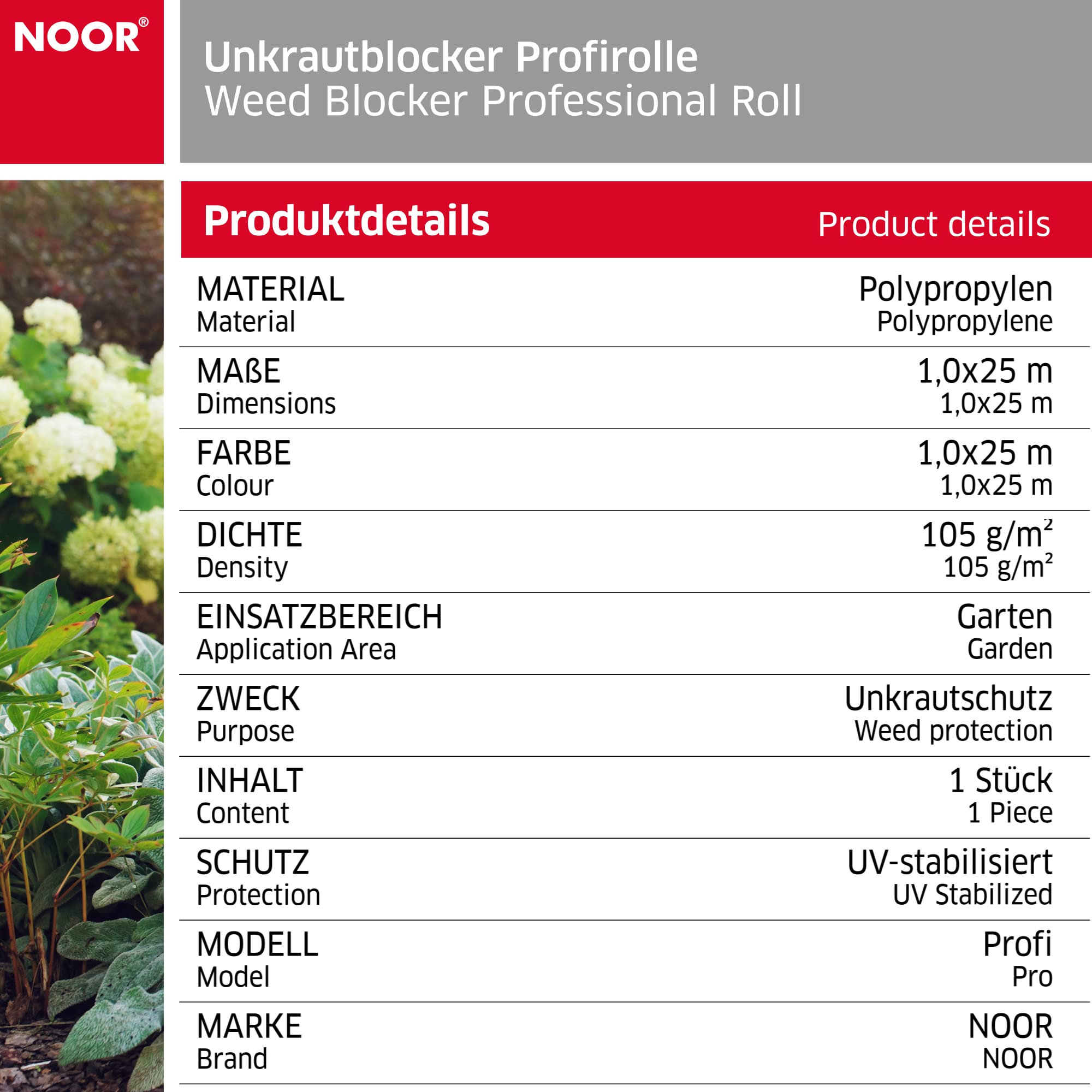 NOOR Unkrautblocker Profirolle - Unkrautvlies mit 105 g/m² - ganze Rolle 1x25 m - Vlies für biologischen Unkrautschutz für Gartenweg, Beet, Sandkasten - wasserdurchlässig & ökologisch