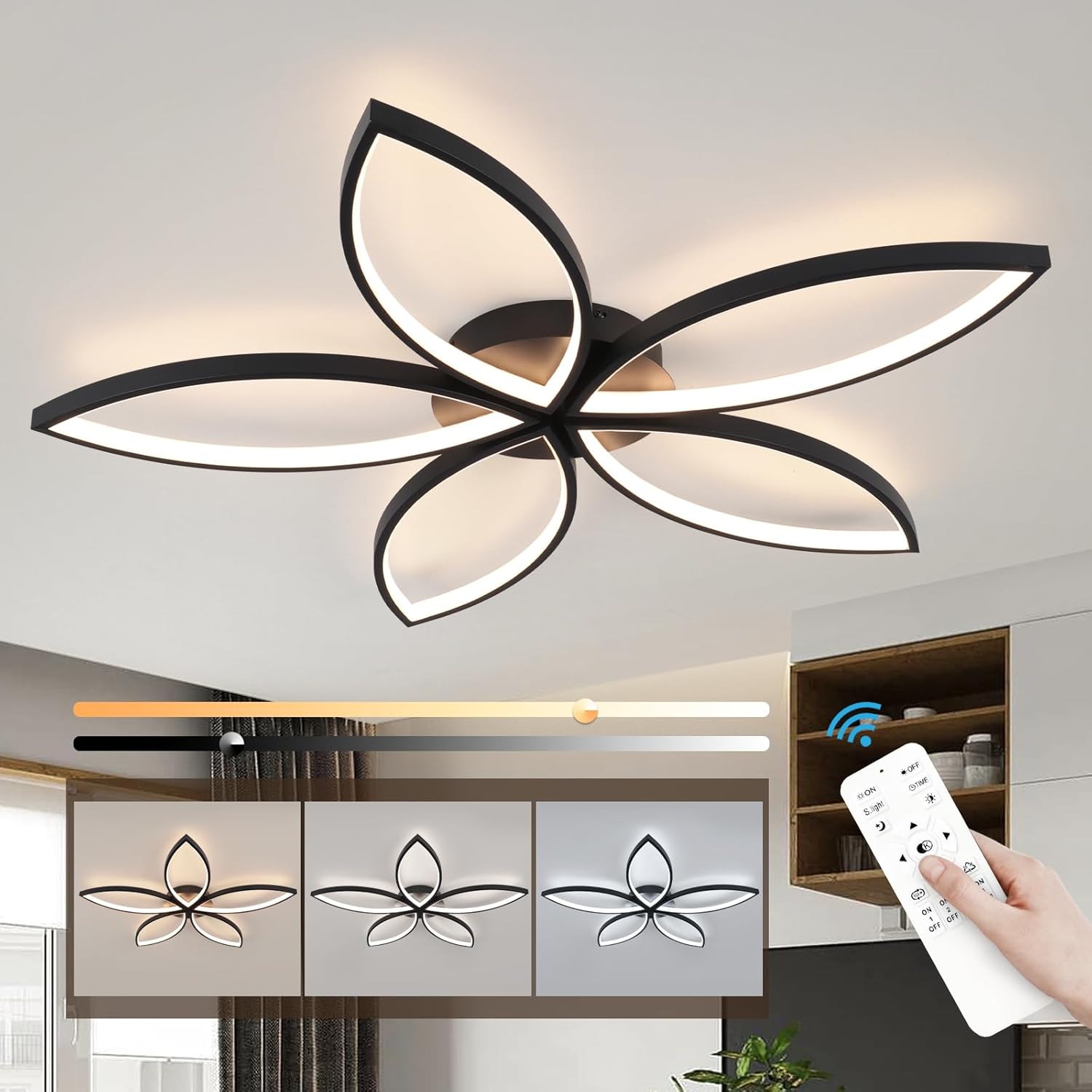31.5inch Modern LED Ceiling Light, 5 Rings Flower Black Dimmable Ceiling Lamp for Living Room, Bedroom, Dining Room, Hallway, Kitchen Black 5rings