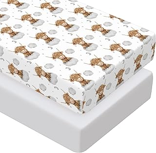 Peryiter 2 Pack Crib Sheets for Girls Boys Coquette Bed Sheet Set Fitted 52'' x 28" for Standard Crib Mattress Stretchable Soft Toddler Aesthetic Nursery Decor(Highland Cow,Gray)