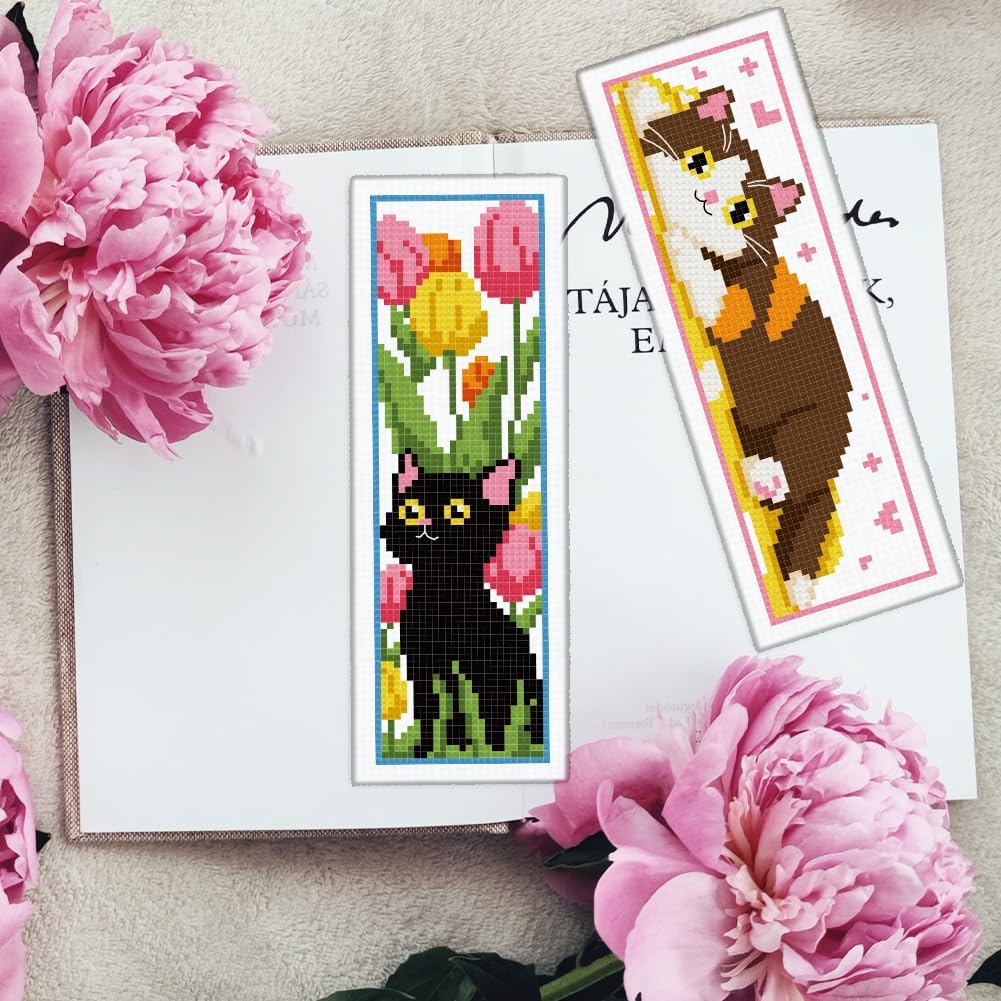 INFUNLY 6pcs DIY Cat Cross Stitch Bookmark Kits for Beginner 2.99''×8.54'' Cute Kitten Stamped Embroidery Bookmark Kit with Instruction Printed Animal Bookmark Set for Cat Lovers Book Readers Writers