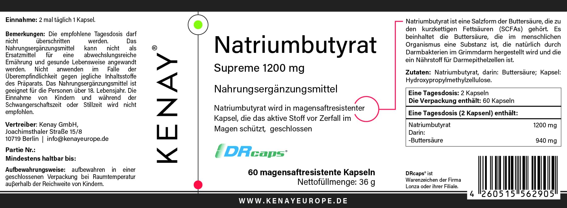 Natriumbutyrat SUPREME 1200 mg | 60 Kapseln magenresistent | Nahrungsergänzungsmittel | KENAY®