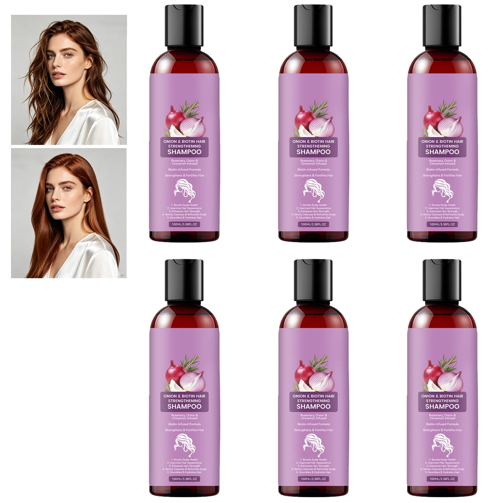 Shampoo rinforzante per cipolla e biotina, Shampoo detergente per cuoio capelluto al rosmarino e cannella, Shampoo idratante per capelli secchi e cuoio capelluto, Shampoo quotidiano delicato (6PCS)