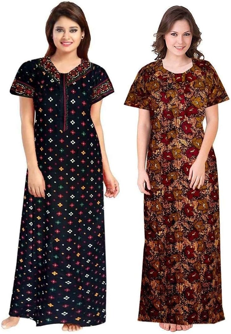 NEGLIGEENighty for Women Cotton Printed Maxi Gown Ankle Length Nighty Navy Blue & Brown - Free Size (Pack of 2), Brown