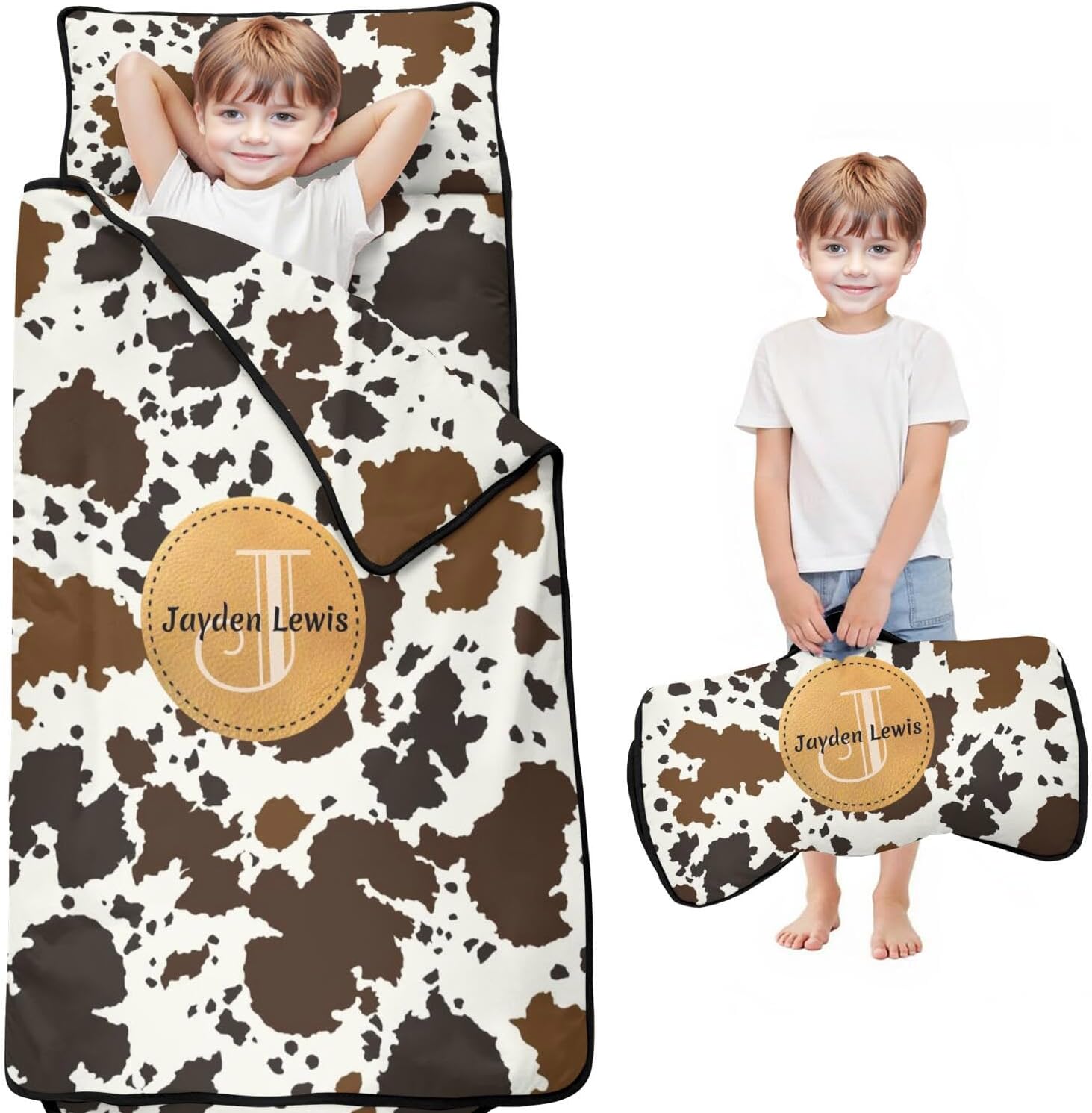 Personalized Cow Stripes Toddler Nap Mat for Boys and Girls – Custom Name Sleeping Bag with Pillow & Blanket – Soft & Portable for Daycare, Preschool & Kindergarten
