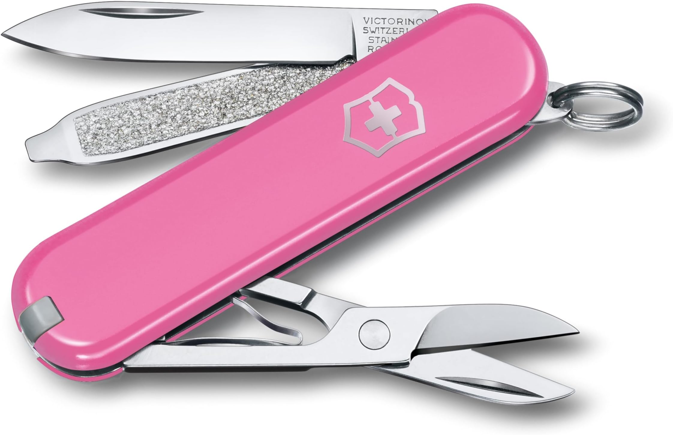 Victorinox Classic SD Mini Swiss Army Knife, Camping Pocket Knives, 7 Functions, Blade, Keyring, Pink