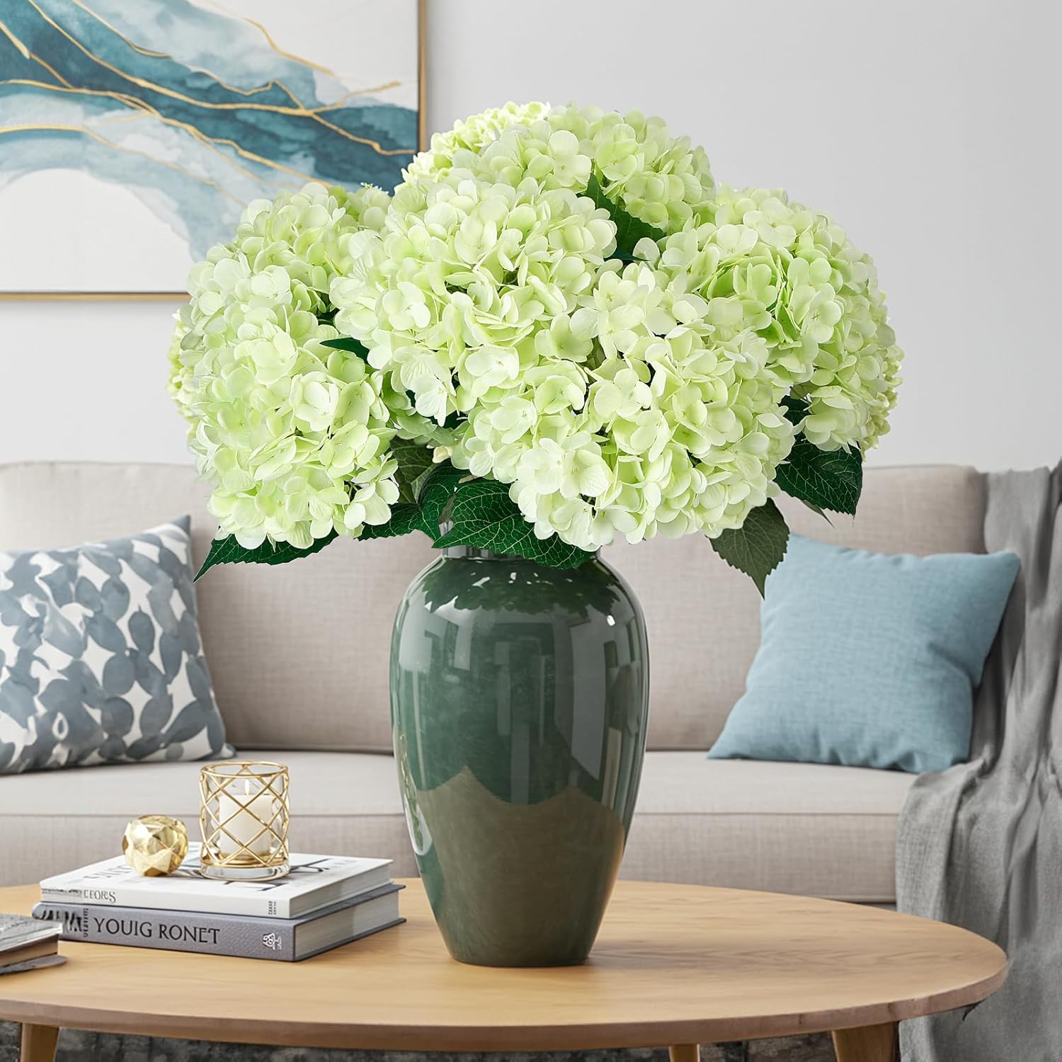 Auihiay 4PCS Green Hydrangea Artificial Flowers, 21" Faux Silk Hydrangeas, Realistic Hydrangea Flowers with Long Stems for Table Centerpieces, Bathroom, Home Decor, Living Room - Image 4