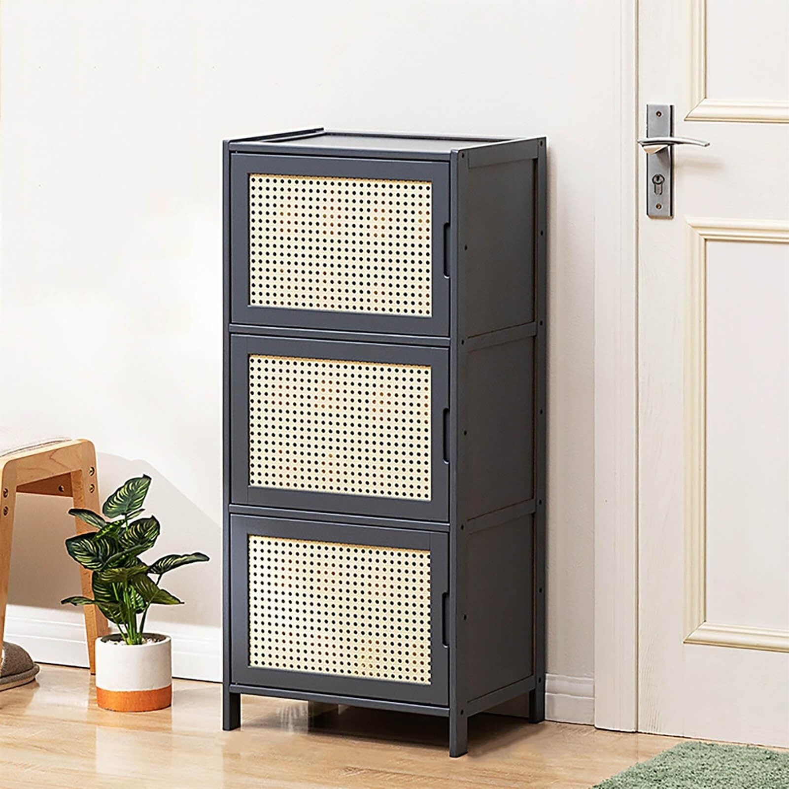 LMYSXAOZ Bamboo Shoe Cabinet with Rattan Doors - Free Standing Entryway Storage Rack, Stylish Closed Organizer for Hallway, Space-Saving Footwear Solution