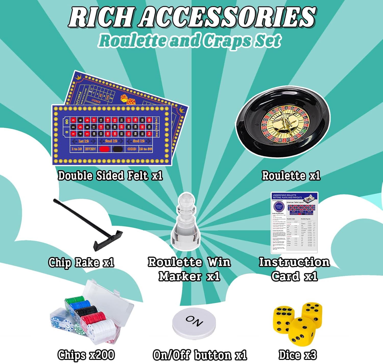 Extguds Roulette Wheel and Craps Set with Large Double Sided Felt, 10 Inch Roulette Wheel, Chip Rake, 200 Chips, Roulette Marker, 3 Dices, Perfect for Game Night Party