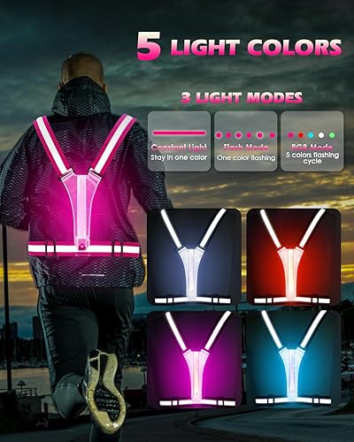 Vista 17 de Zacro LED Reflective Vest Running Gear, 5 Lights Colors High Visibility Reflective Running Gear Rechargeable Light Up Running Vest for Walking Verde