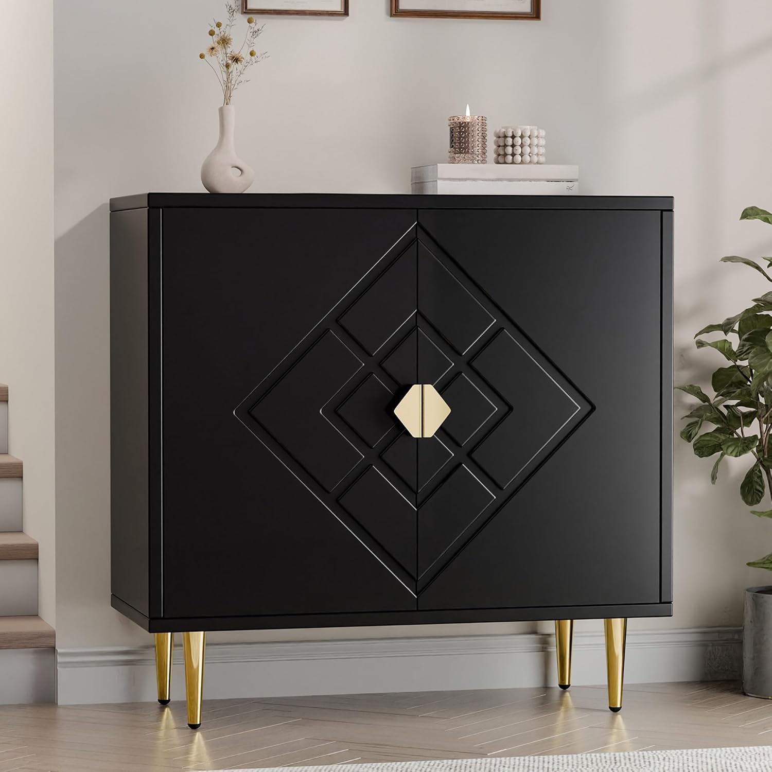 TOLEAD Storage Cabinet, Modern Accent Cabinet with Decorative Diamond Pattern Doors, Accent Sideboard Storage Cabinet for Living Room, Kitchen, Hallway, Black