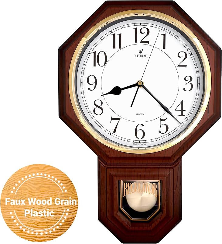 JUSTIME Pendulum Wall Clock with Westminster Chime, 17.5" Large Regulator Schoolhouse Wall Clocks Battery Operated, Vintage Chiming Clock with Nighttime Auto Shut-Off, Wall Decor for Living Room | Hourly Westminster Melody, Traditional Schoolhouse Design, Vintage Regulator Wall Clock, Living Room Décor