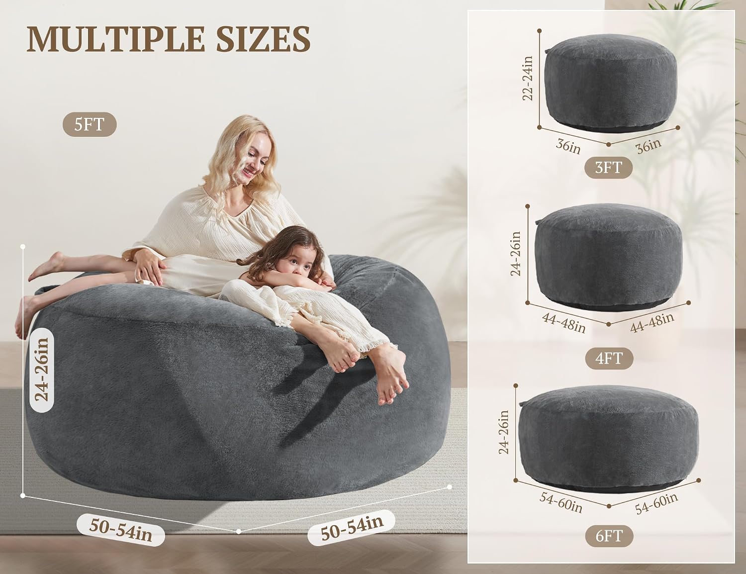 WSOFRLAC 5FT Bean Bag Chair, Giant Adult Bean Bag Chairs, Large Stuffed Beanbag Chair with Foam Filling, Big Sofa Chairs with Cover Pocket Handle, Perfect for Adults Kids Living Room, Dark Grey image 2