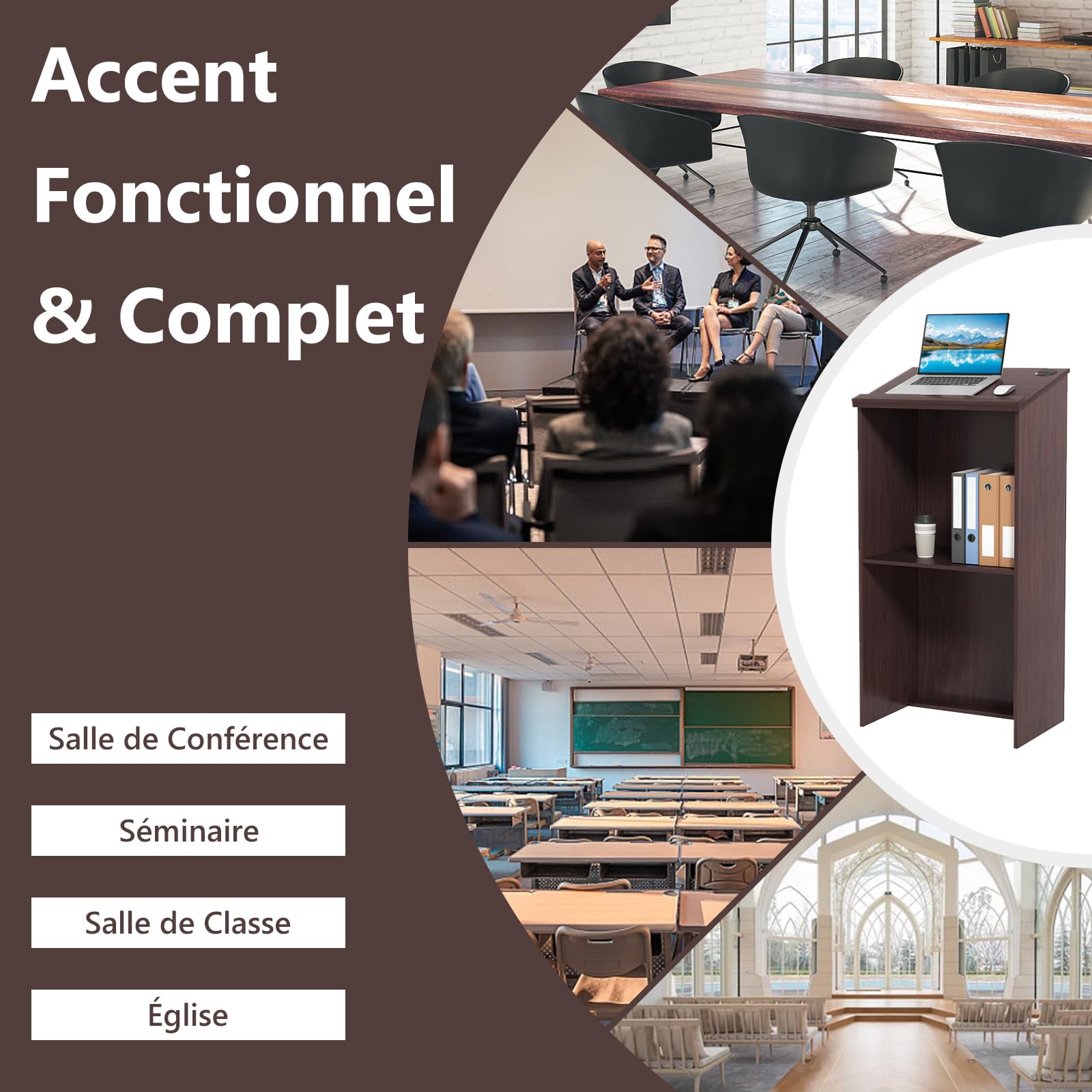 COSTWAY Podium Debout en Bois, Pupitre 117 cm, Surface Inclinée avec Rebord, Lutrin avec Étagère de Rangement et Trous pour Câbles, pour Église, Bureau, École, Séminaire (Brun)