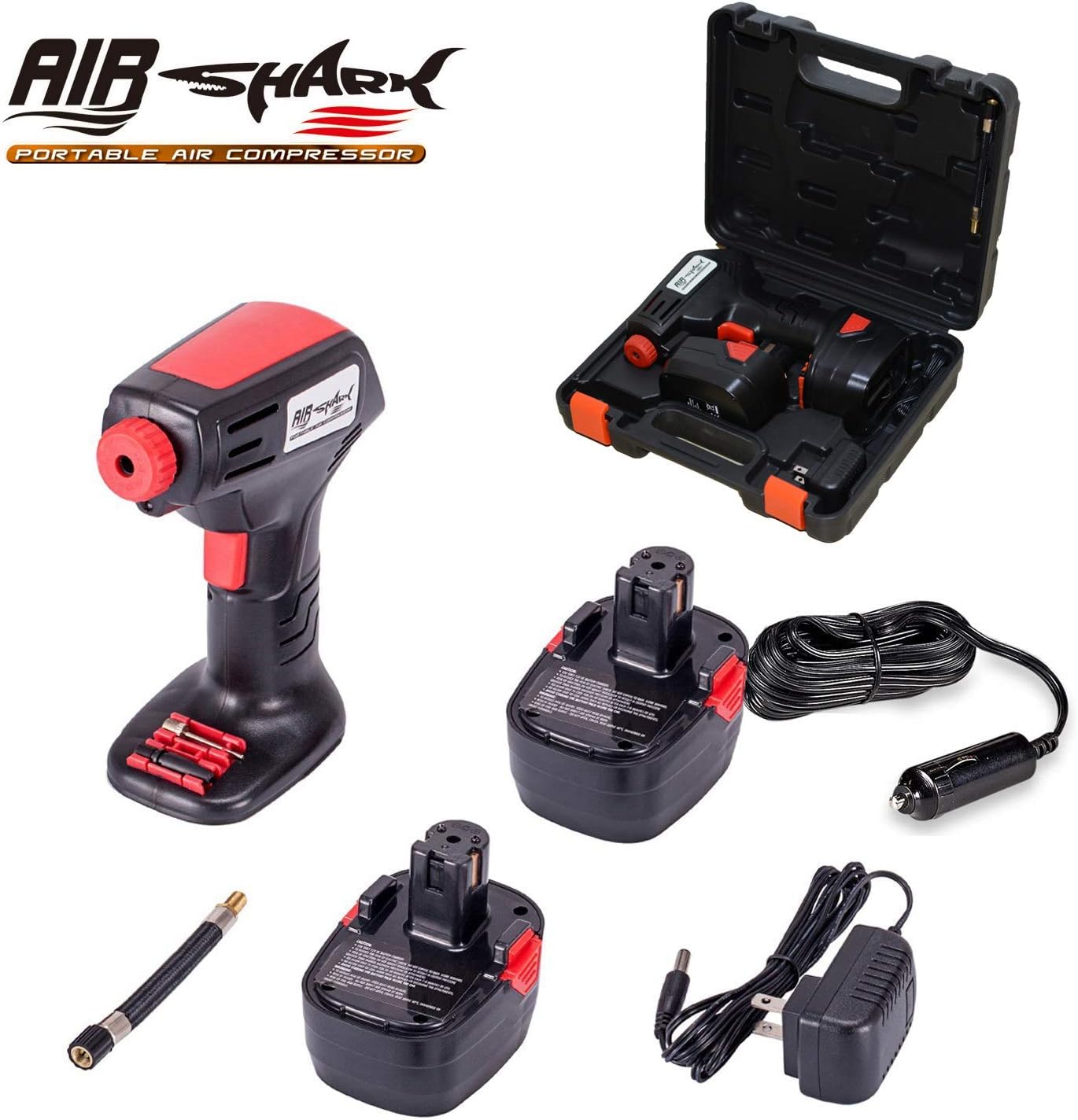 Portable Air Compressor Battery Tire Inflator Cordless Car Pump For Bicycle Ball Car, Deluxe Carry Case, Digital LCD Pressure Gauge, Auto Shut Off, Battery Charger, Car Adapter, 3 Nozzle Adapters