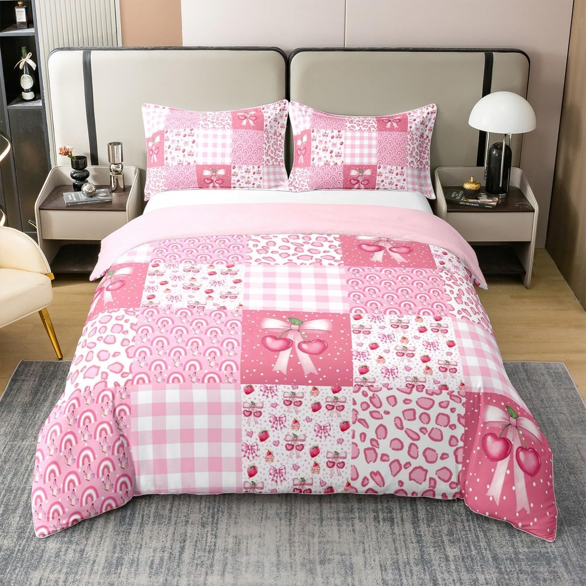 Manfei 100% Cotton Bowknot Duvet Cover,Princess Style Cherry Bow Rainbow Dessert Strawberry Comforter Cover(No Filler),Pink Plaids Cow Fur Dots Patchwork Decorative Quilt Cover,3Pcs Full Size