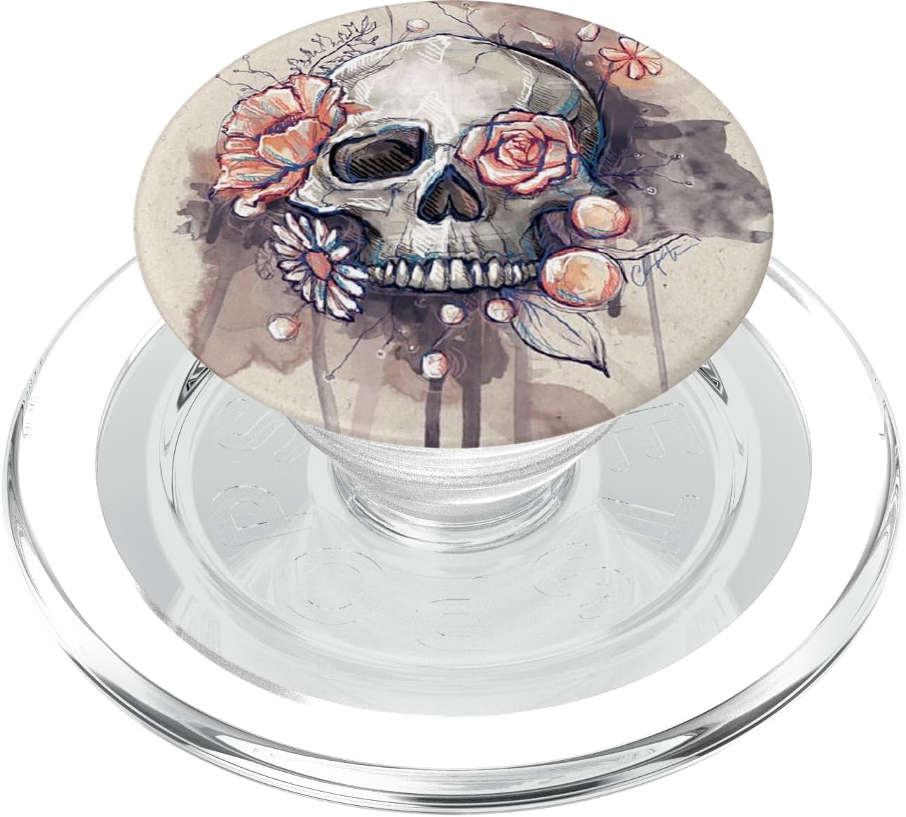 FLORAL FLOWERS SKULL BLACK PINK ART FOR TATTOO GIRLS WOMEN PopSockets PopGrip: Swappable Grip for Phones & Tablets PopSockets PopGrip for MagSafe
