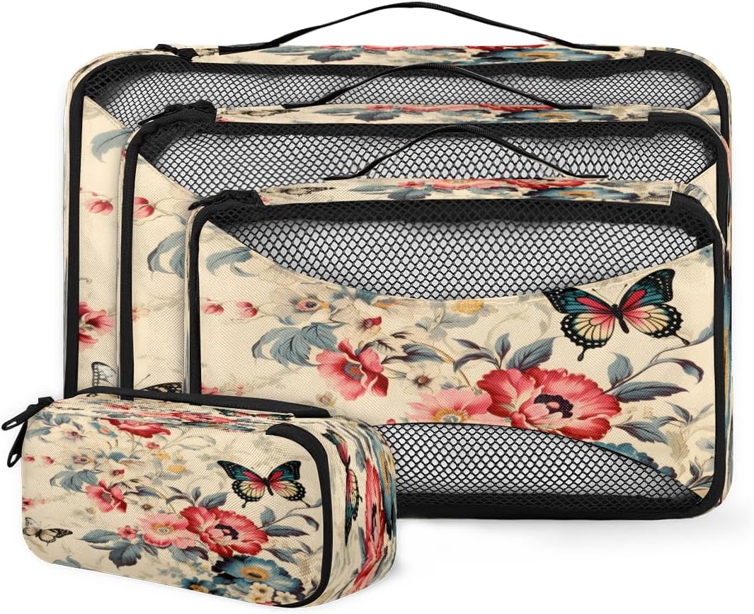 Fashion Butterfly Floral 4 Set Packing Cubes Packing Cubes for Women Lightweight Travel Essential Bag Clothes Carry on Suitcase Bags for Accessories Essentials