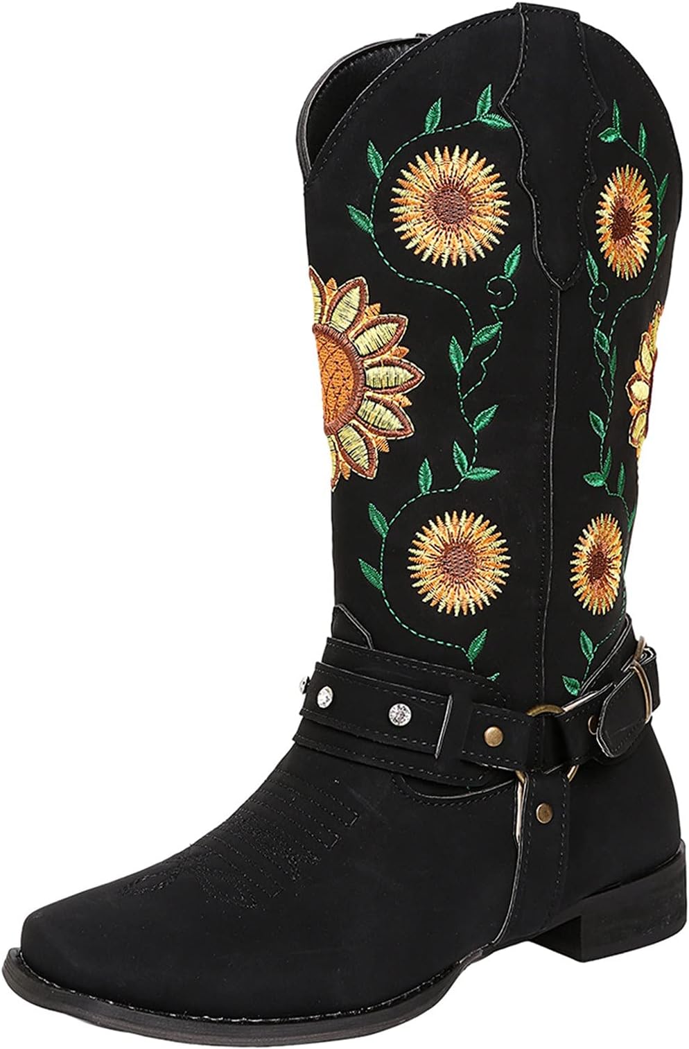 TOWMUS Cowboy Boots for Women Women's Sunflower Printed Western Boots Cowgirl Round Toe Short Boots Embroidered Boots