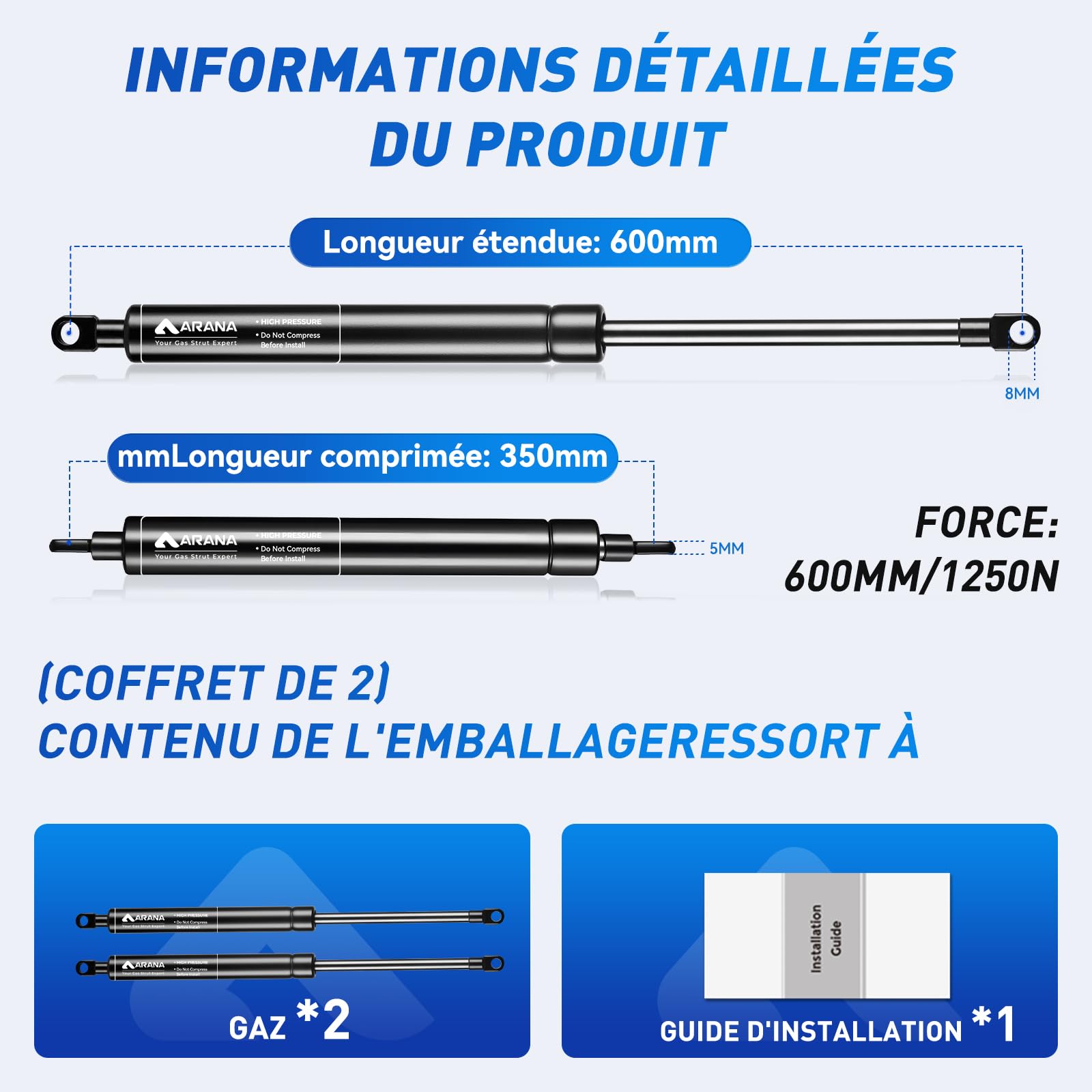 ARANA Lot de 2 vérins à gaz de type L, 600 mm, 1 250 N/127,5 kg, supports hydrauliques pour lit et fenêtre de camping-car, camion, bateau, coffre lourd, couvercle