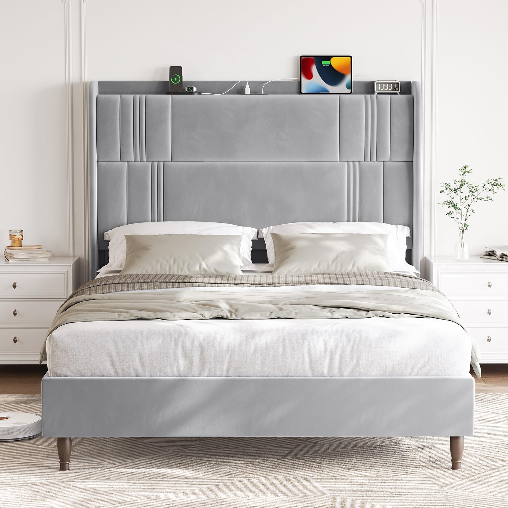 Queen Bed Frame with Tall Headboard, 52" Upholstered Platform Bed Frame with Charging Station, Luxury Velvet Bed Frames/Curved Wingback Headboard, No