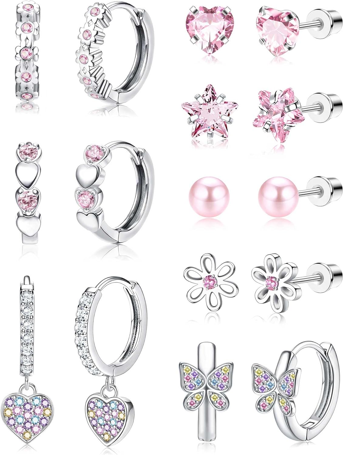 Jstyle Hypoallergenic Earrings for Girls Women Surgical Stainless Steel Hoop Earrings for Sensitive Ears Screw Back Stud Earrings Set Cute Girls Toddler Earrings Kids Earrings Jewelry for Teen Girls